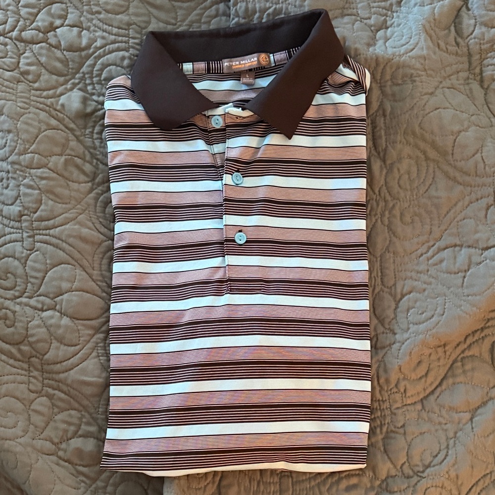 Peter Millar Summer Comfort Black and Blue Striped Golf Polo Shirt Size Large